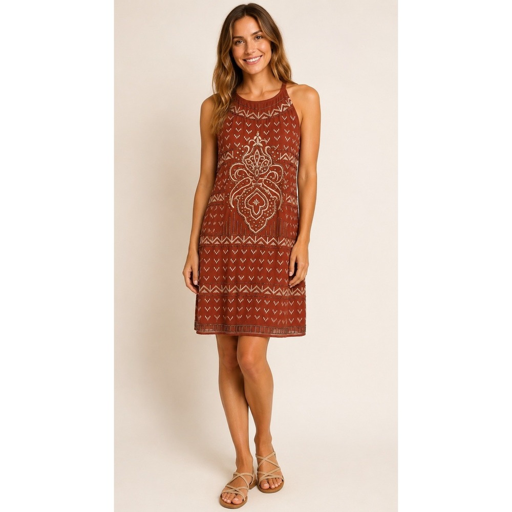 Forever 21 Dress Women Medium Orange Rust Beaded Embroidered Boho Halter Party - Picture 1 of 11